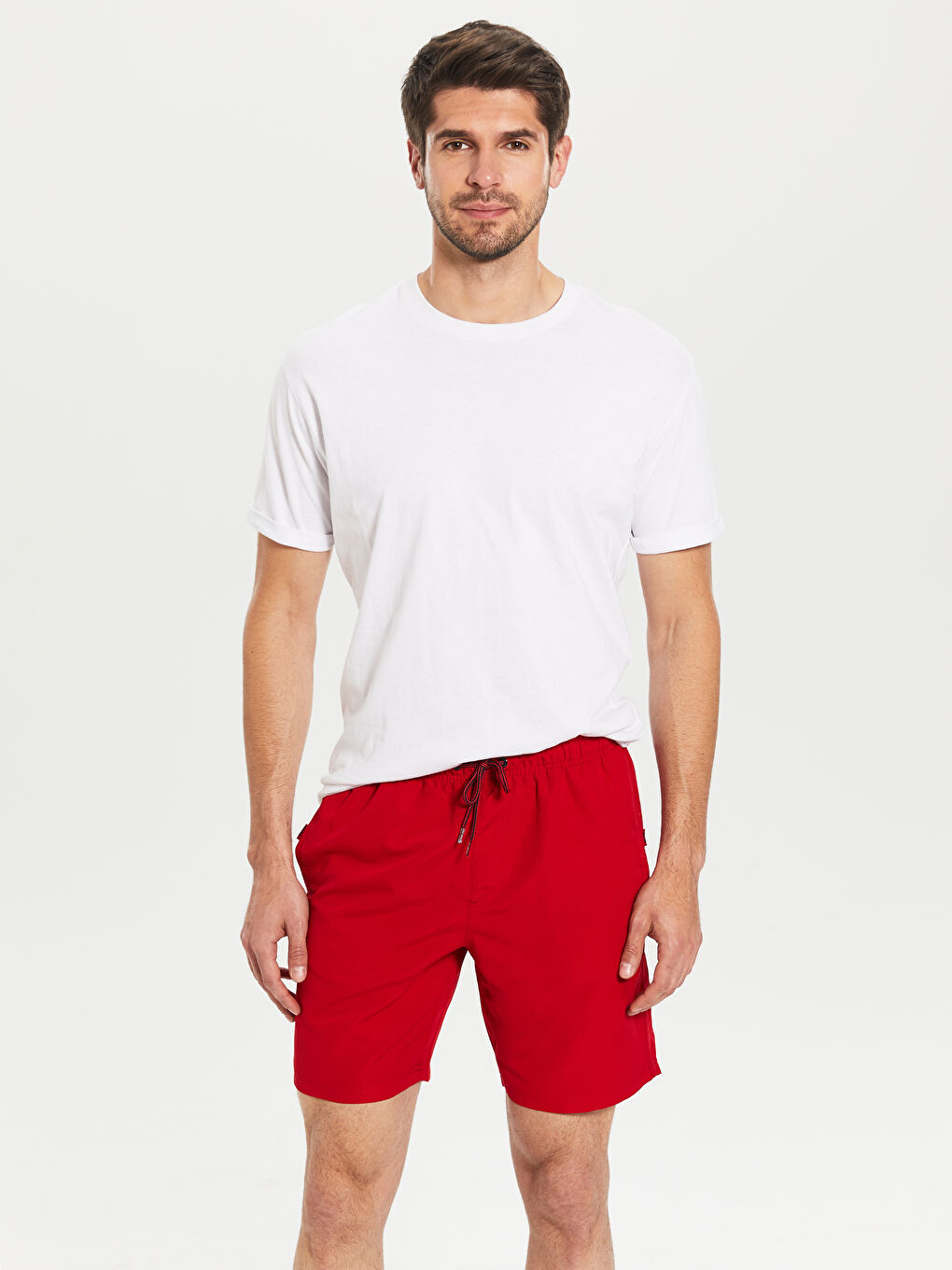 Kırmızı Diz Üstü Boy Basic Deniz Şortu  