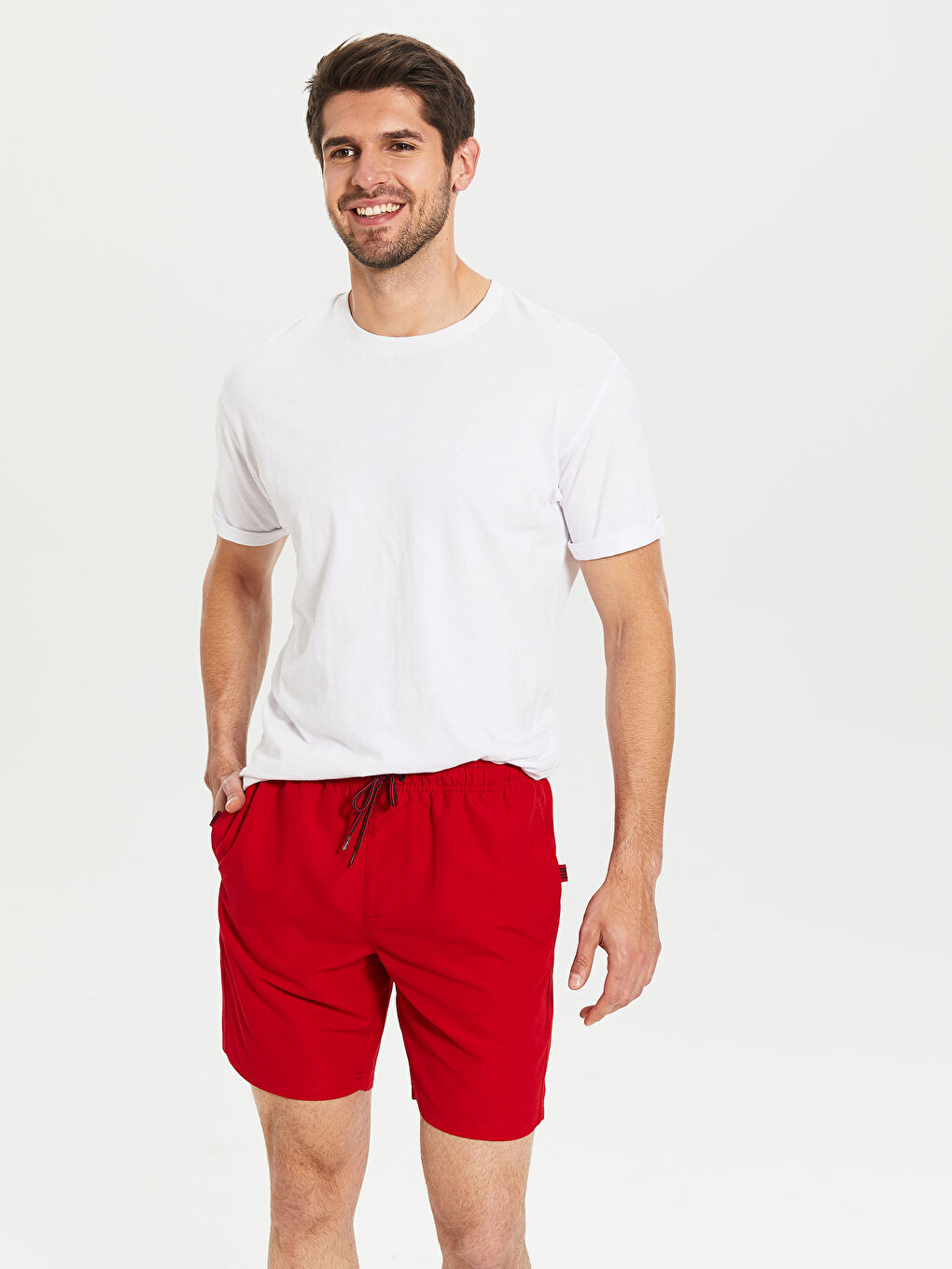 Kırmızı Diz Üstü Boy Basic Deniz Şortu  -1
