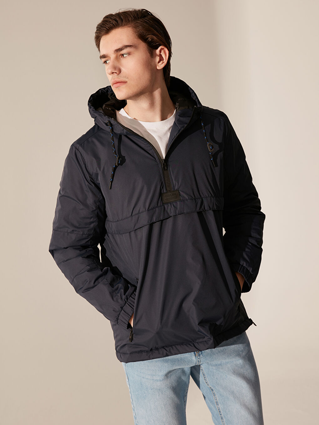 Lacivert Slim Fit Kapüşonlu İnce Erkek Kanguru Mont-1