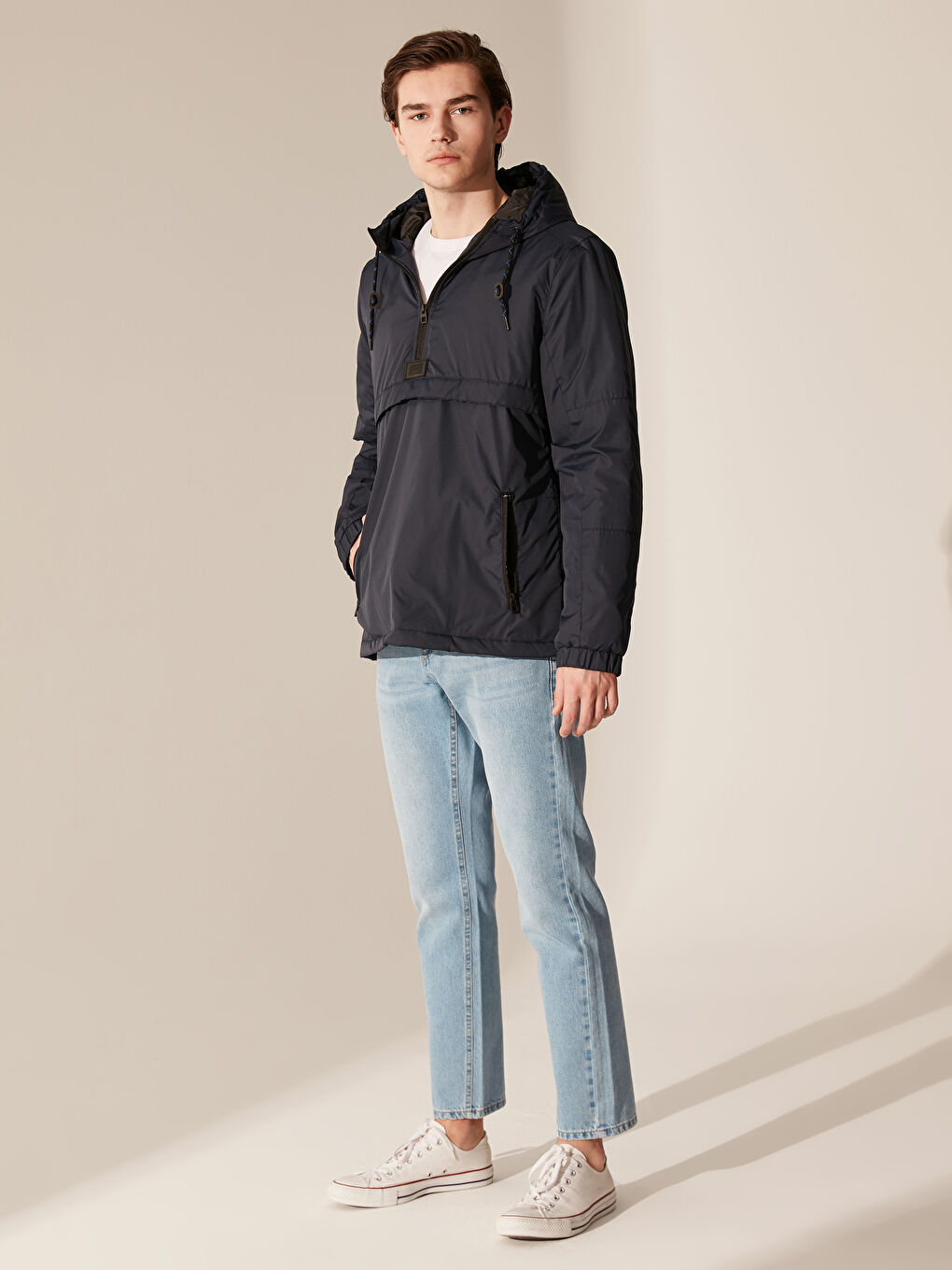 Lacivert Slim Fit Kapüşonlu İnce Erkek Kanguru Mont-3