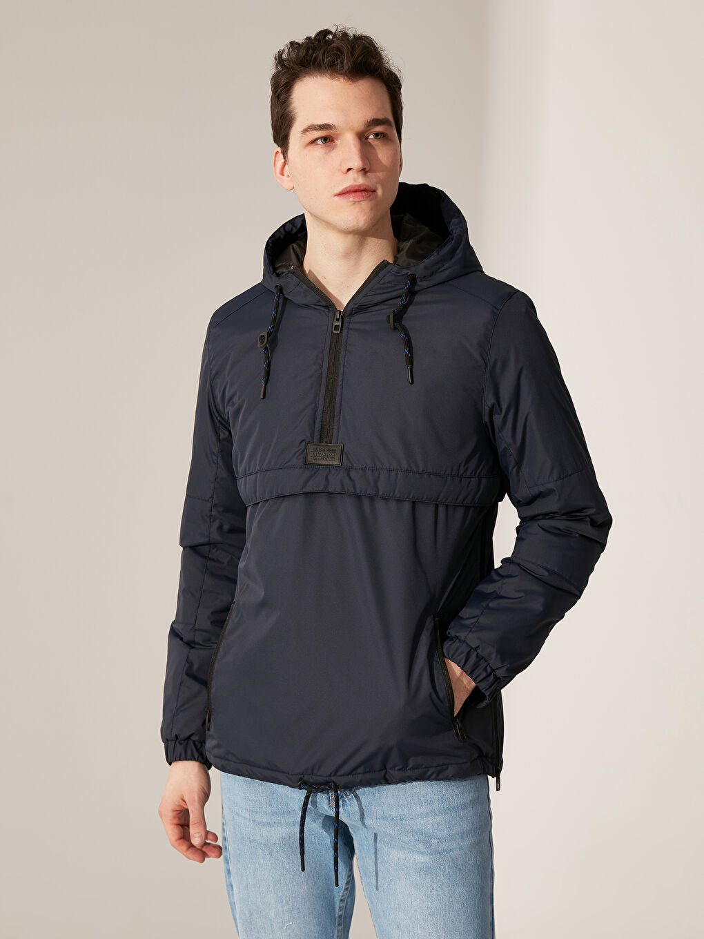 Lacivert Slim Fit Kapüşonlu Erkek Kanguru Mont