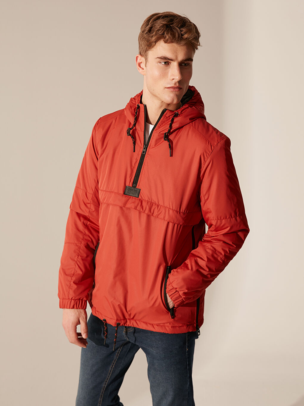 Turuncu Slim Fit Kapüşonlu Erkek Kanguru Mont