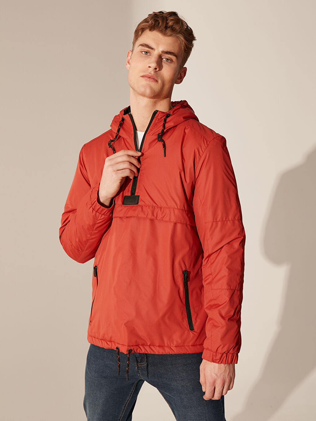 Turuncu Slim Fit Kapüşonlu Erkek Kanguru Mont-1