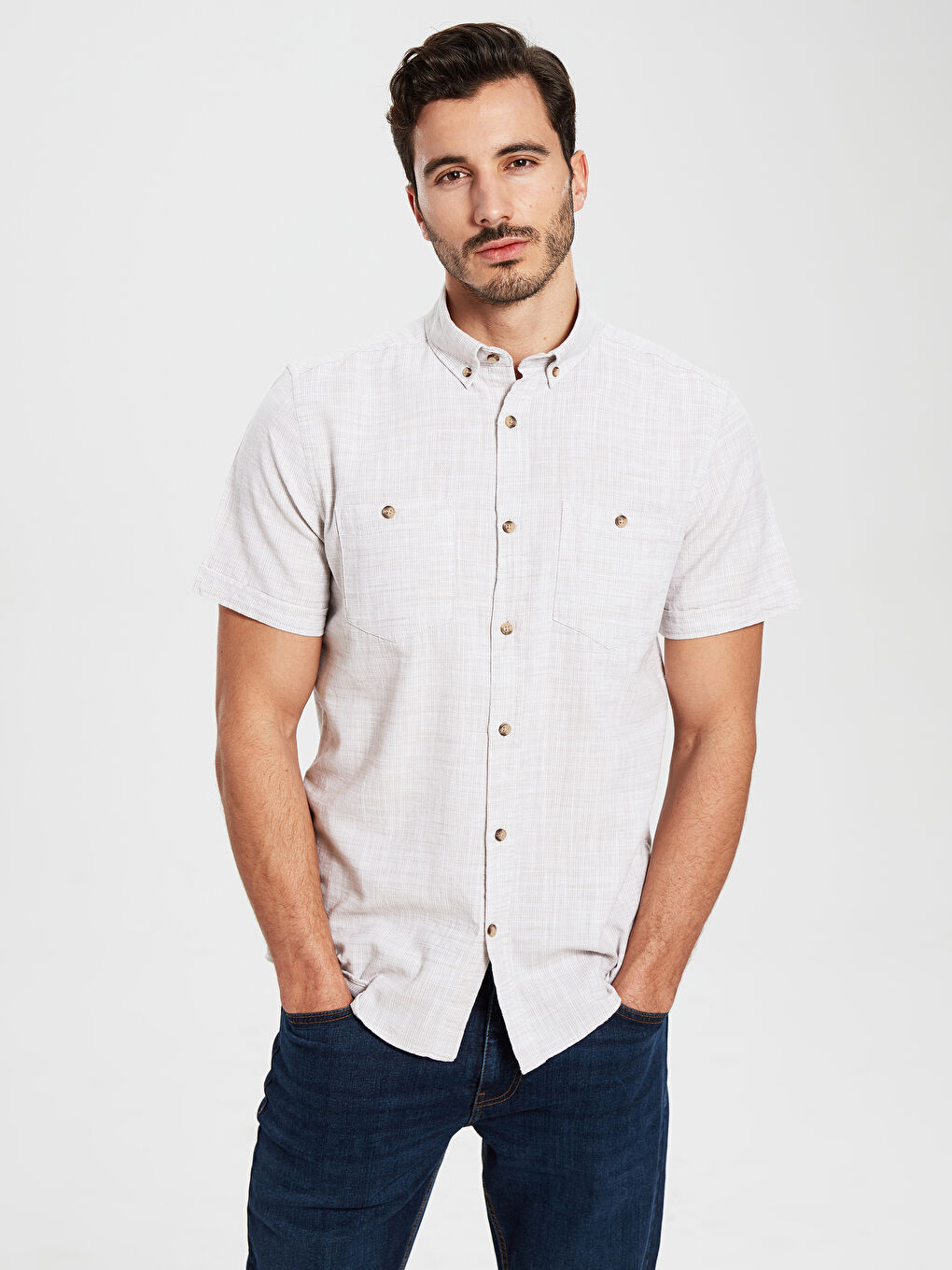 Bej Regular Fit Kısa Kollu Armürlü Gömlek-2