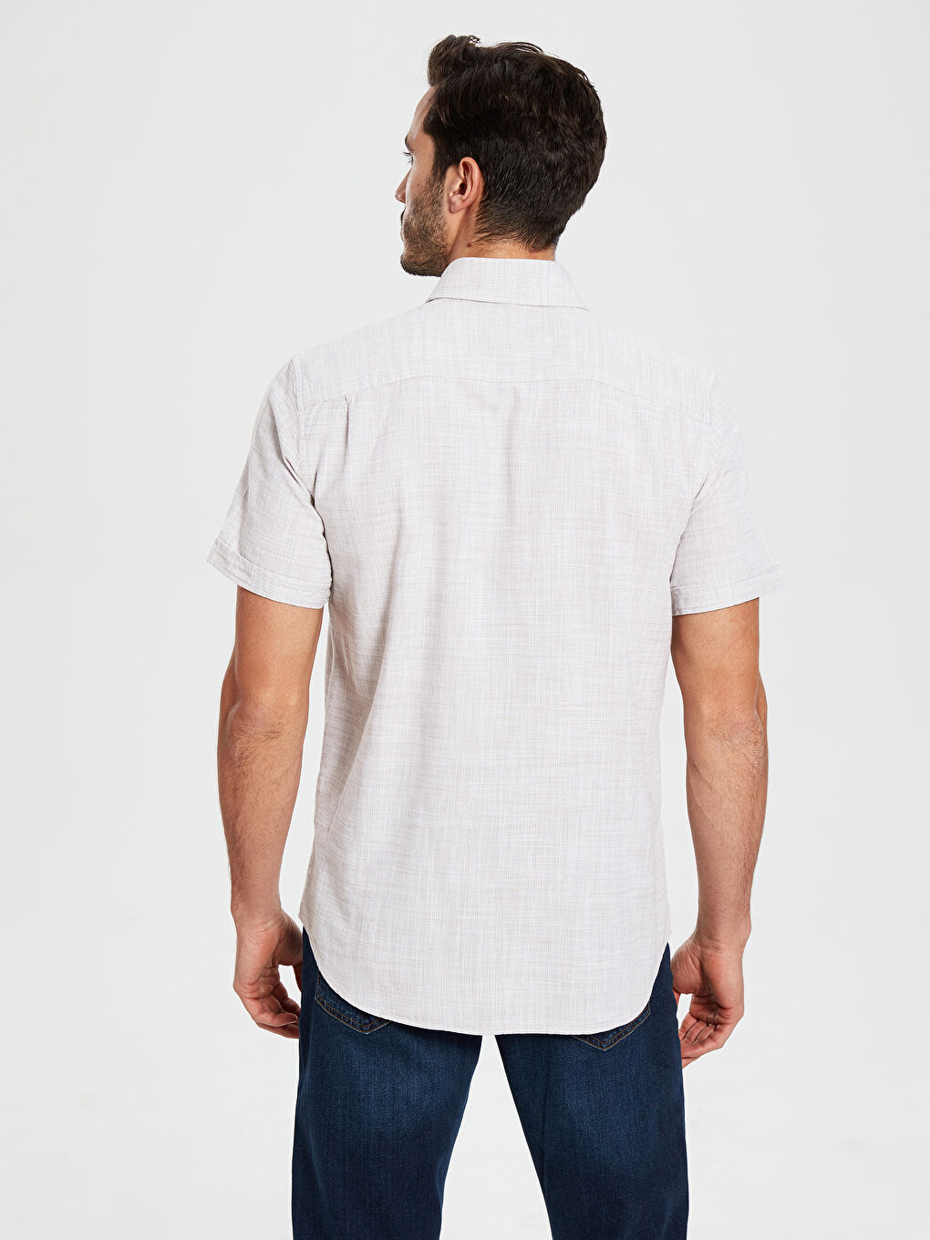 Bej Regular Fit Kısa Kollu Armürlü Gömlek-3