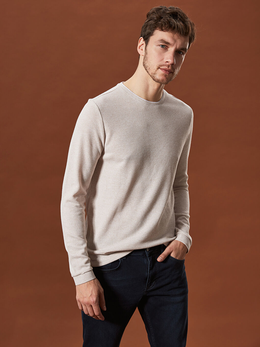 Bej Bisiklet Yaka Uzun Kollu Erkek Tişört