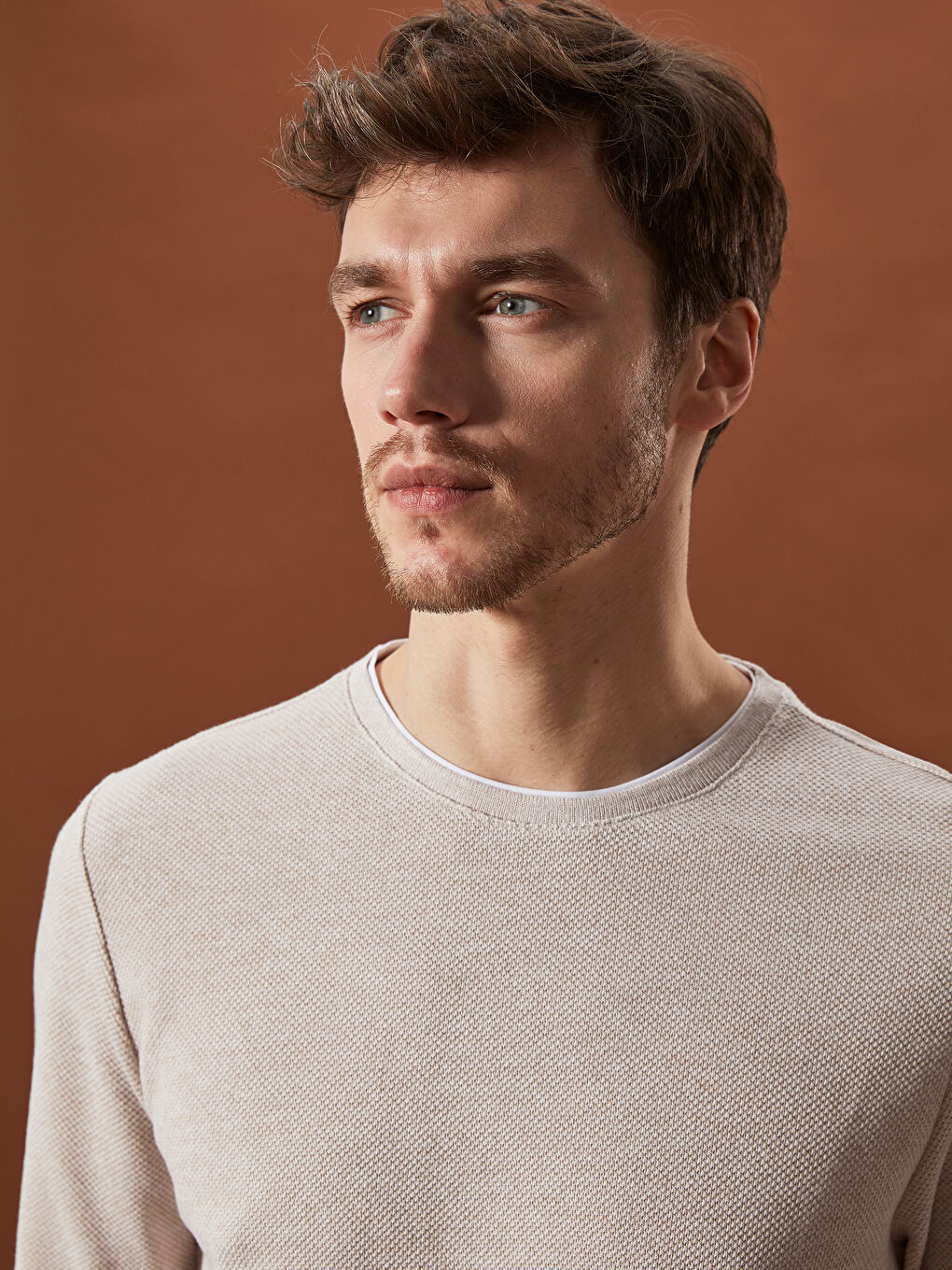 Bej Bisiklet Yaka Uzun Kollu Erkek Tişört-1