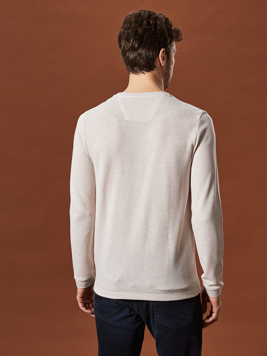 Bej Bisiklet Yaka Uzun Kollu Erkek Tişört-2