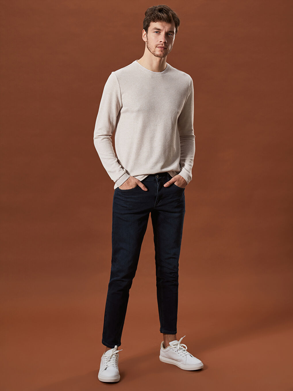 Bej Bisiklet Yaka Uzun Kollu Erkek Tişört-3