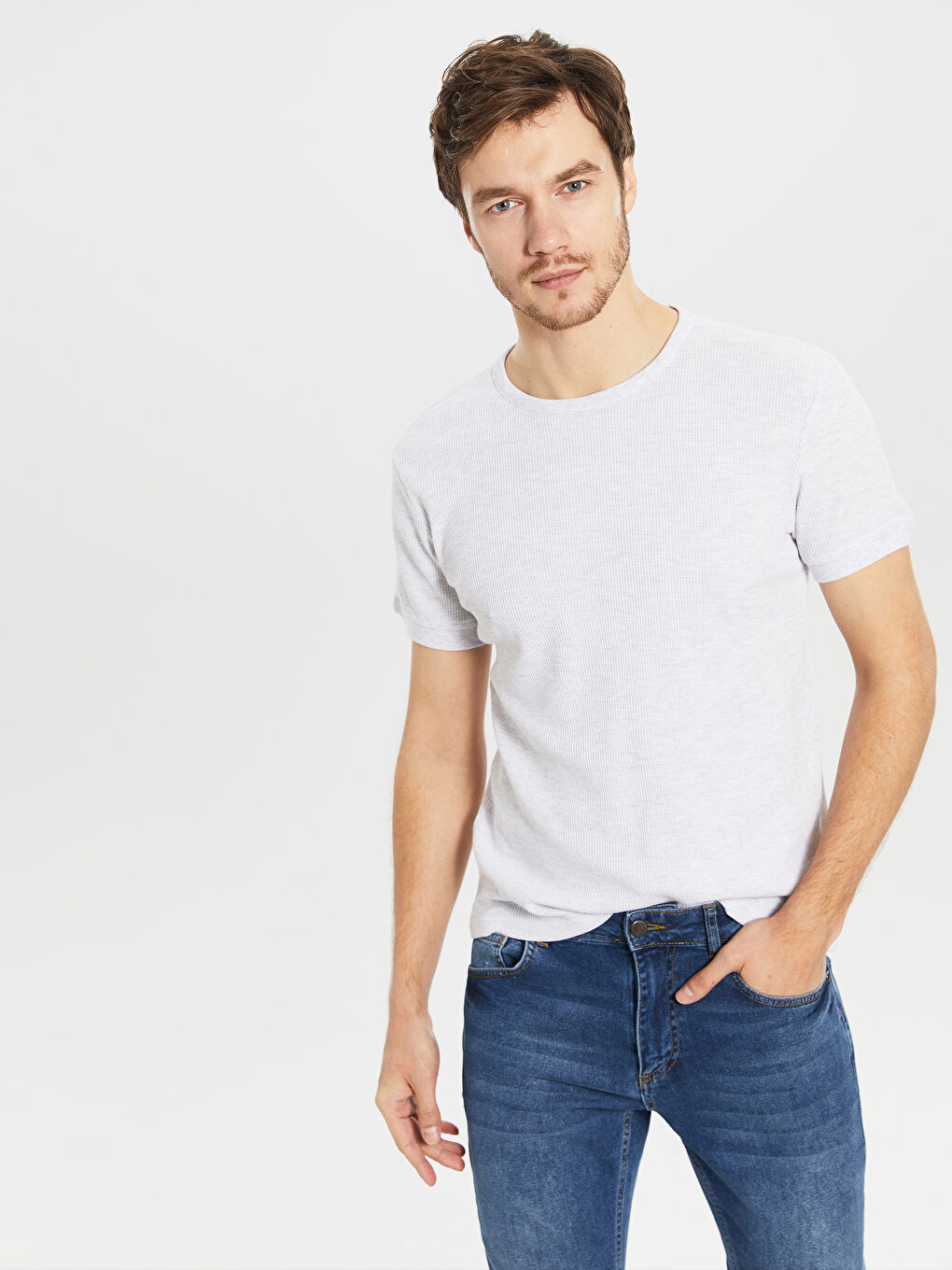 Gri Bisiklet Yaka Kısa Kollu Basic Tişört-2