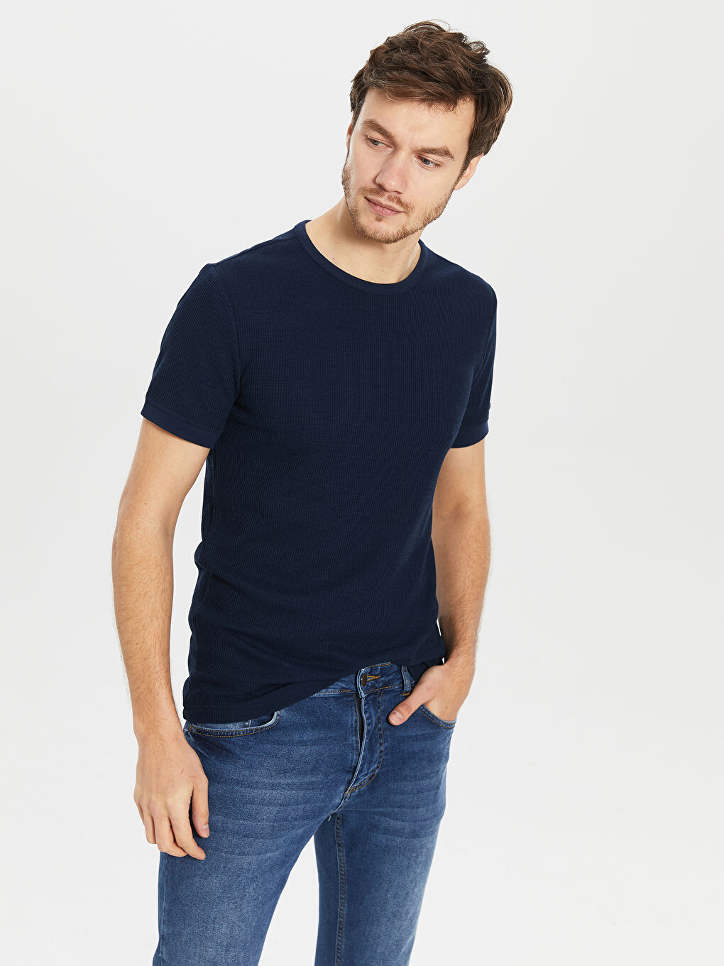 Lacivert Bisiklet Yaka Kısa Kollu Basic Tişört-2