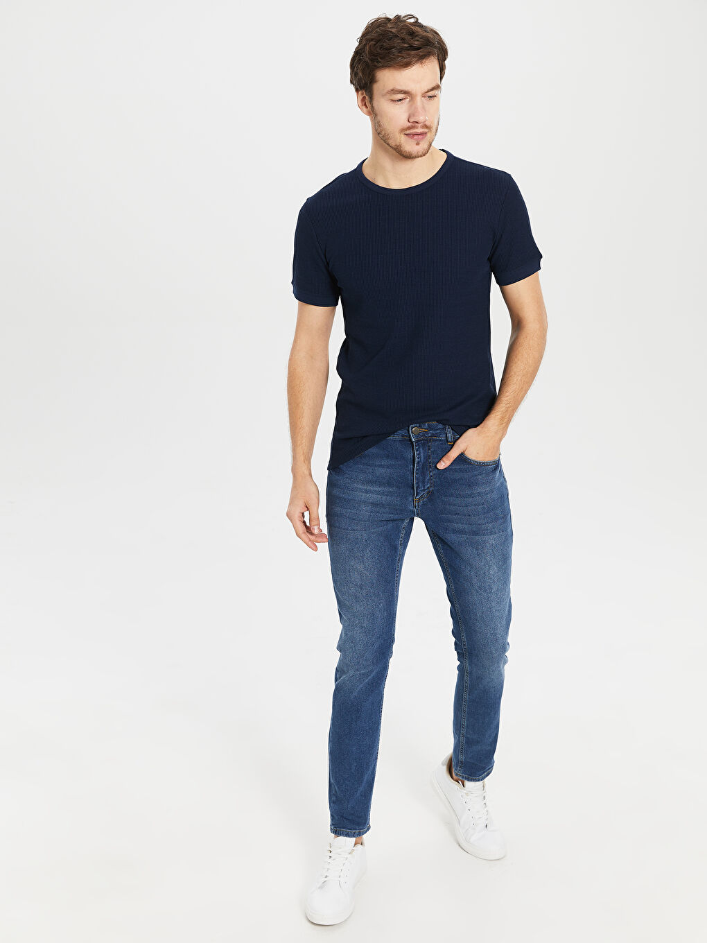 Lacivert Bisiklet Yaka Kısa Kollu Basic Tişört-4