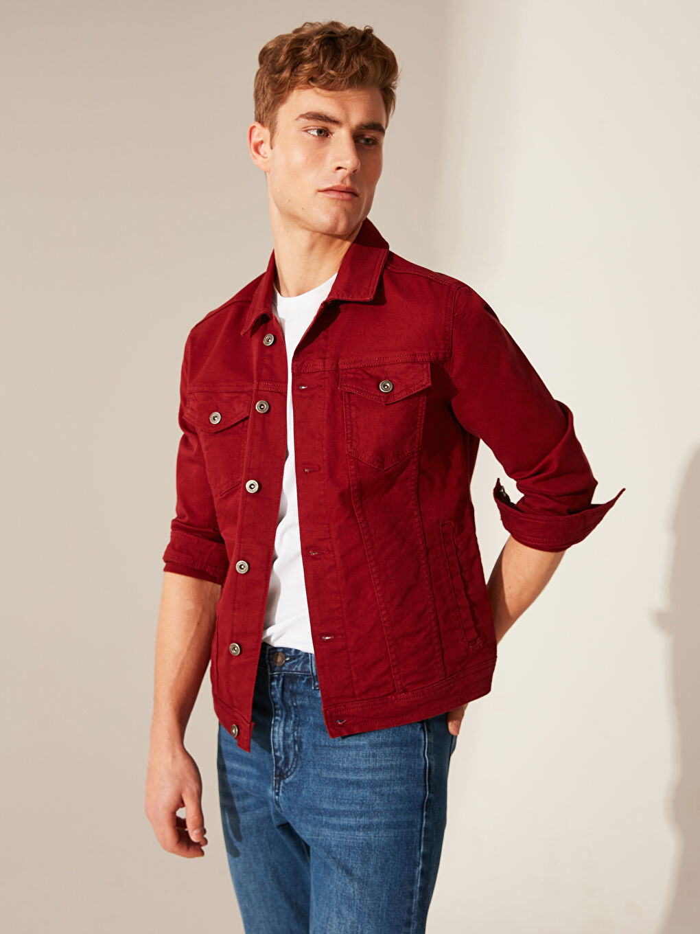 Kırmızı Slim Fit Erkek Jean Ceket-1