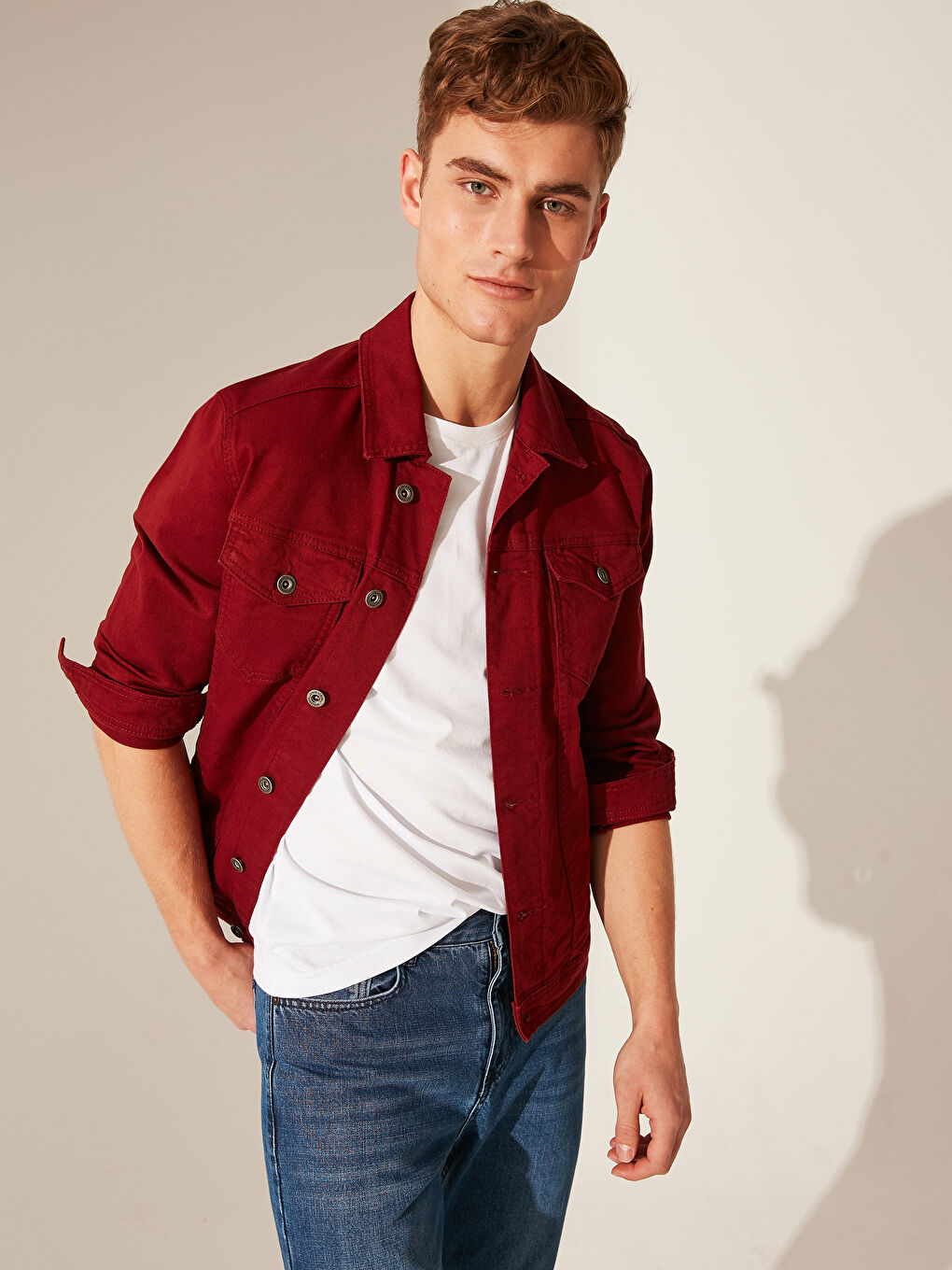 Kırmızı Slim Fit Erkek Jean Ceket-2