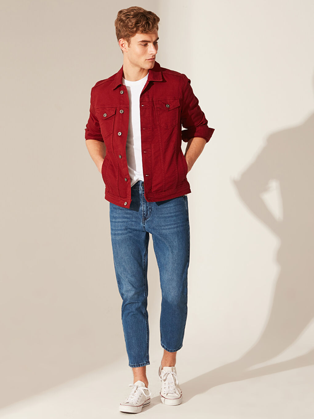 Kırmızı Slim Fit Erkek Jean Ceket-4