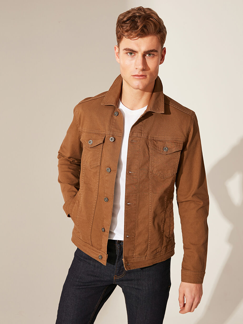 Bej Slim Fit Erkek Jean Ceket-1