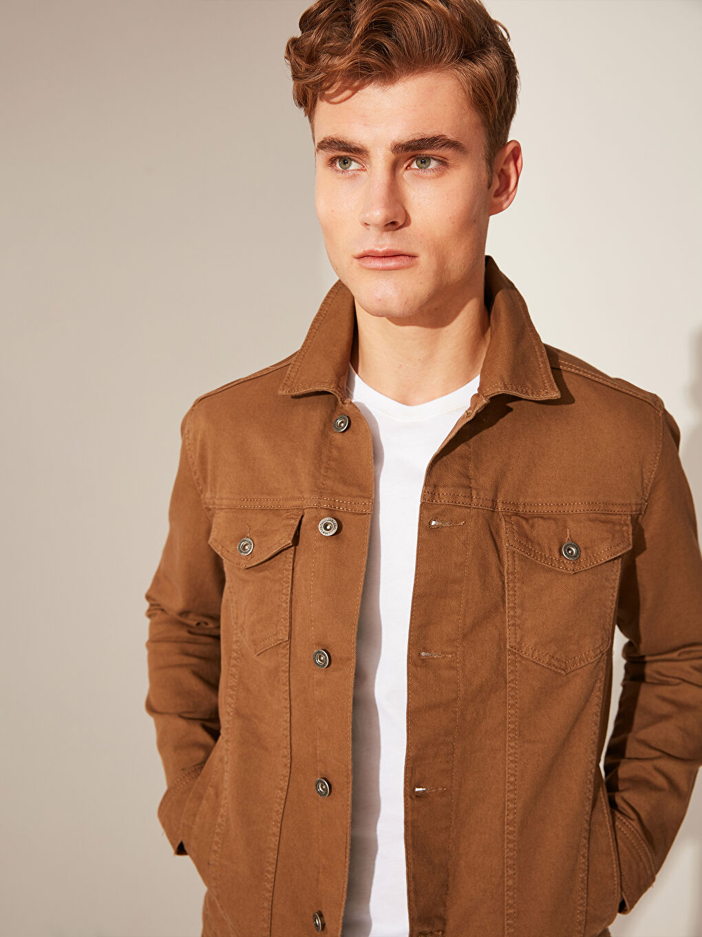 Bej Slim Fit Erkek Jean Ceket-2