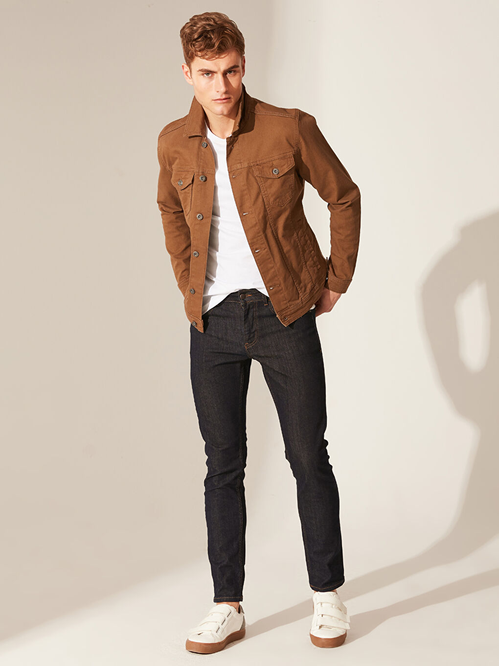 Bej Slim Fit Erkek Jean Ceket-4