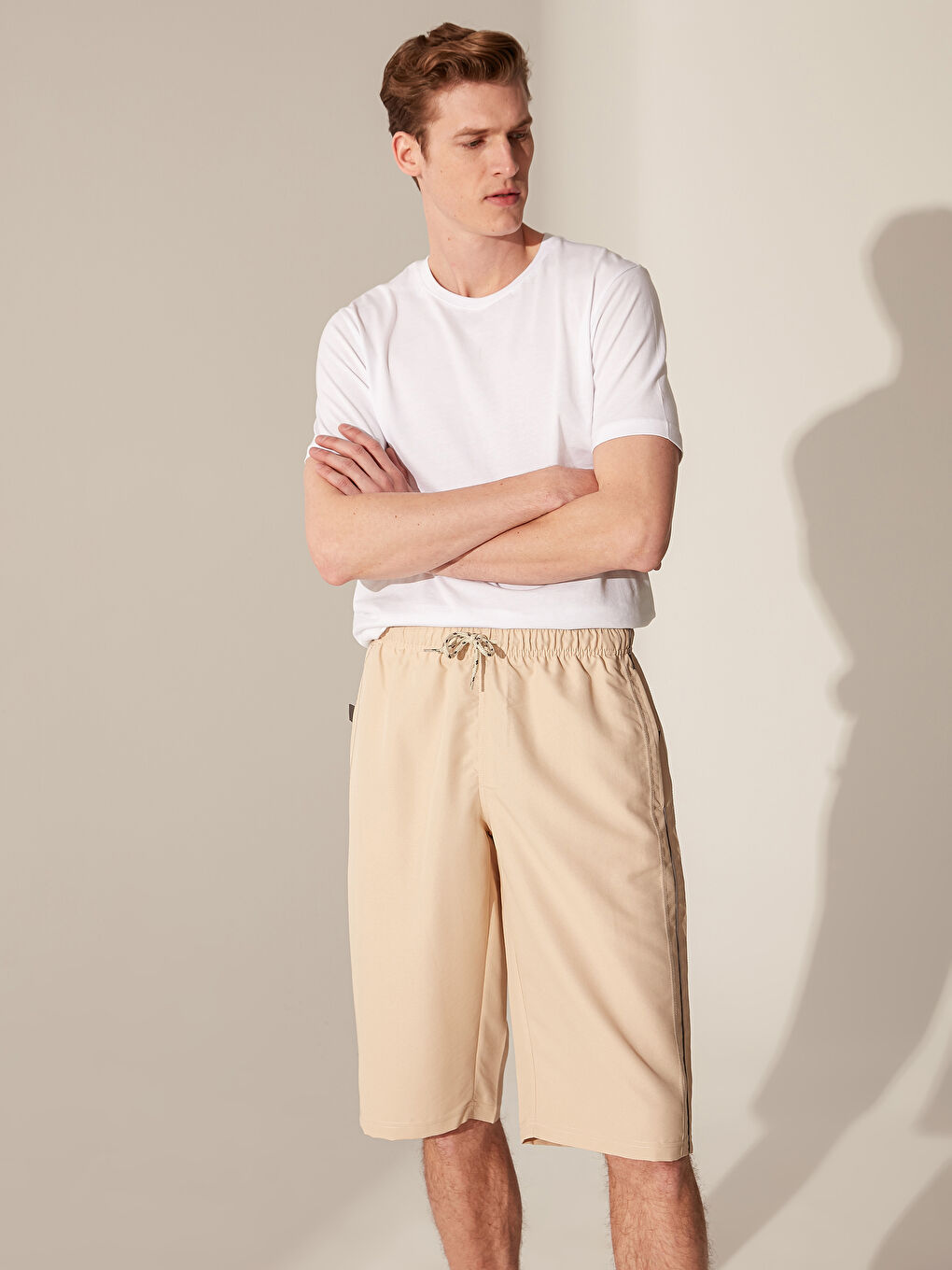 Bej Diz Altı Boy Deniz Şortu-2