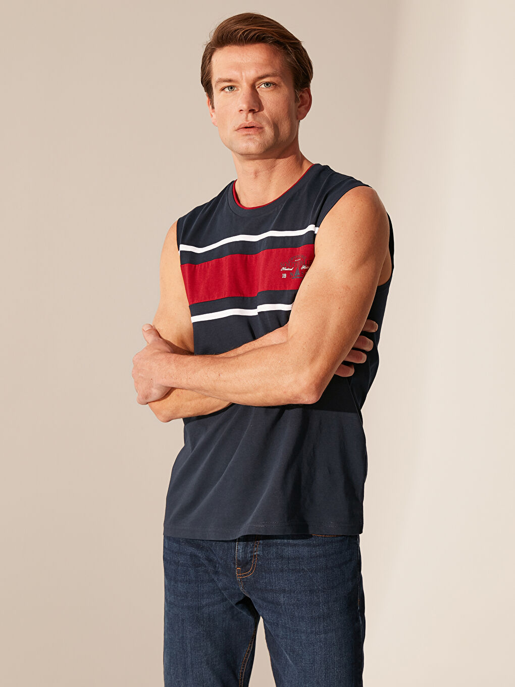 Lacivert Penye Erkek Kolsuz Tişört-1