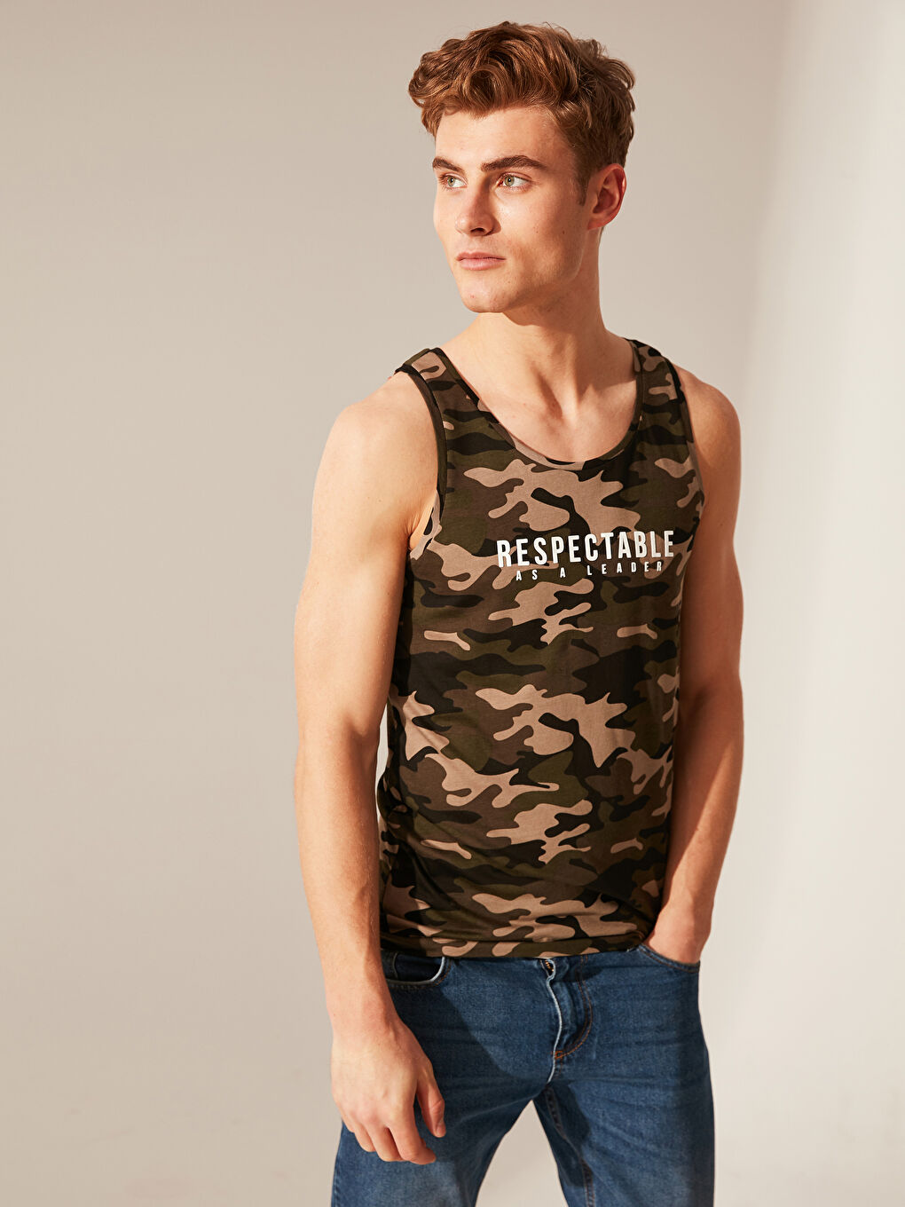 Haki Penye Erkek Kolsuz Tişört-1