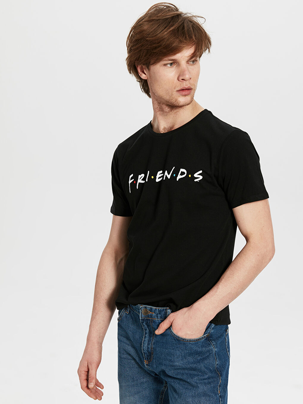 Siyah Bisiklet Yaka Friends Baskılı Pamuklu Erkek Tişört
