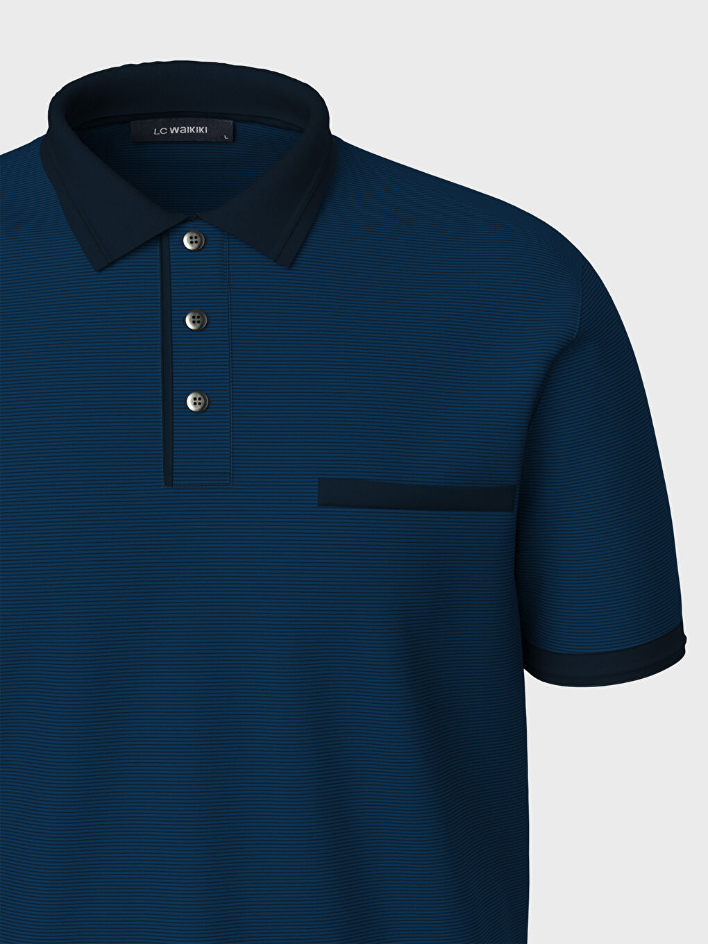 Mavi Merserize Polo Yaka Kısa Kollu Çizgili Erkek Tişört-2