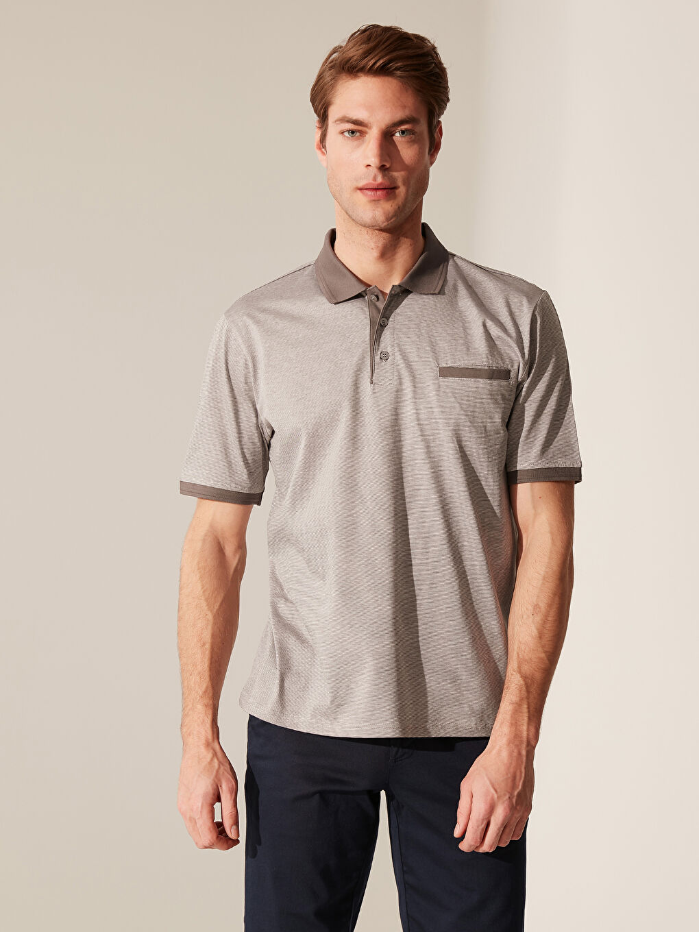 Antrasit Merserize Polo Yaka Kısa Kollu Çizgili Erkek Tişört