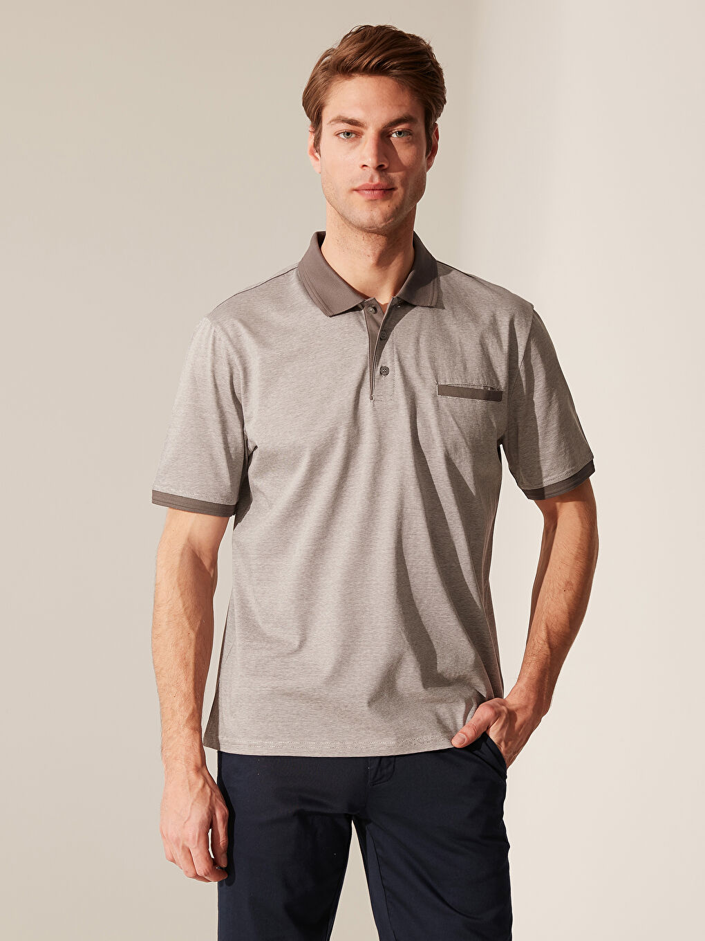 Antrasit Merserize Polo Yaka Kısa Kollu Çizgili Erkek Tişört-1