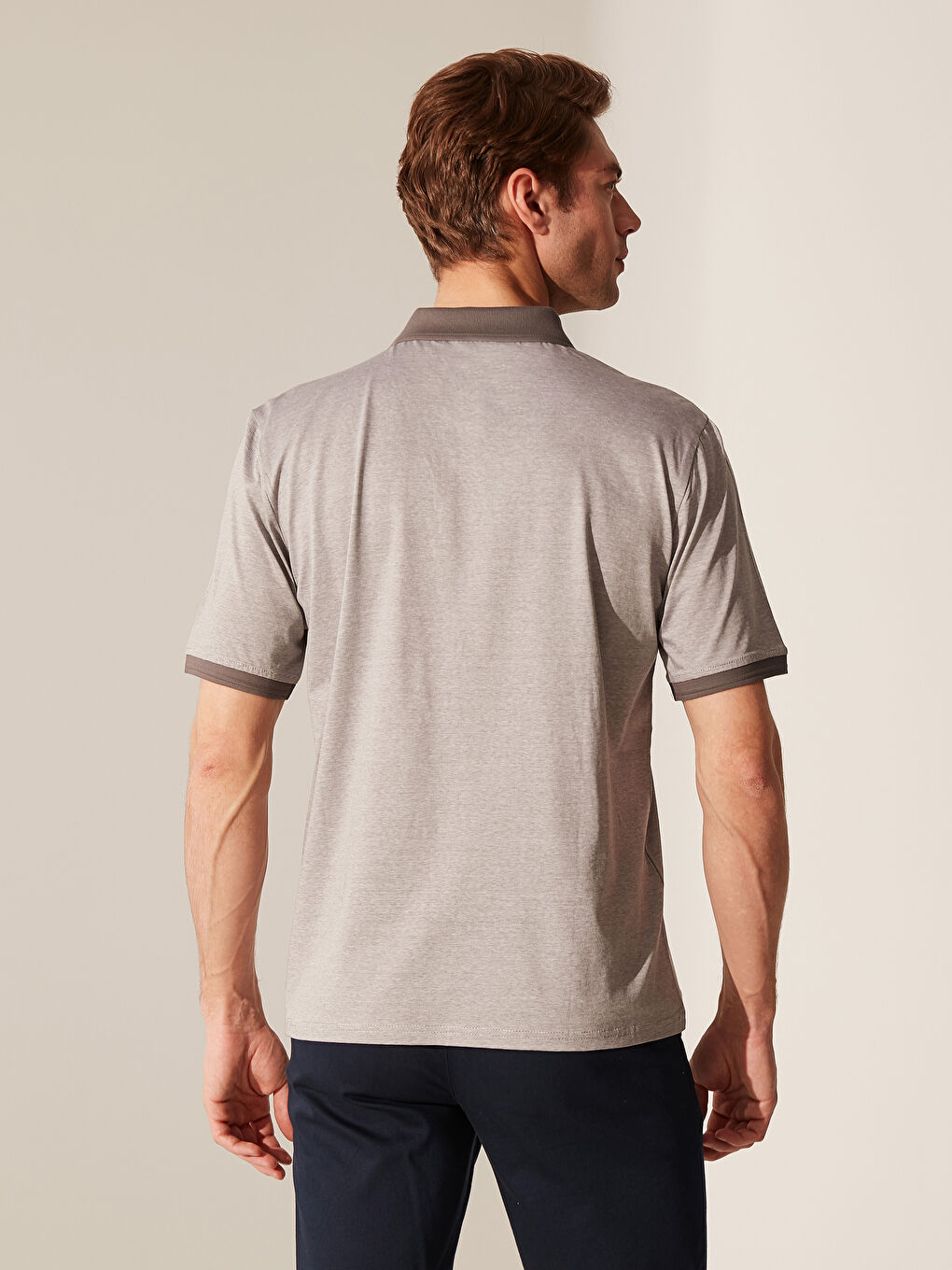 Antrasit Merserize Polo Yaka Kısa Kollu Çizgili Erkek Tişört-2