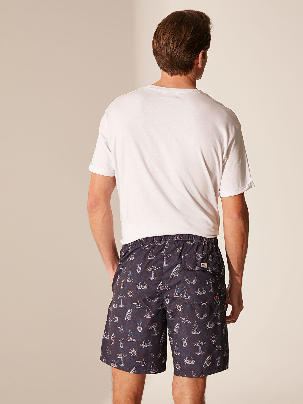 Lacivert Kısa Boy Baskılı Standart Kalıp Deniz Şortu-3