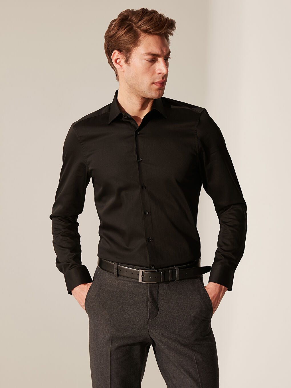 Siyah Poplin Erkek Gömlek-1