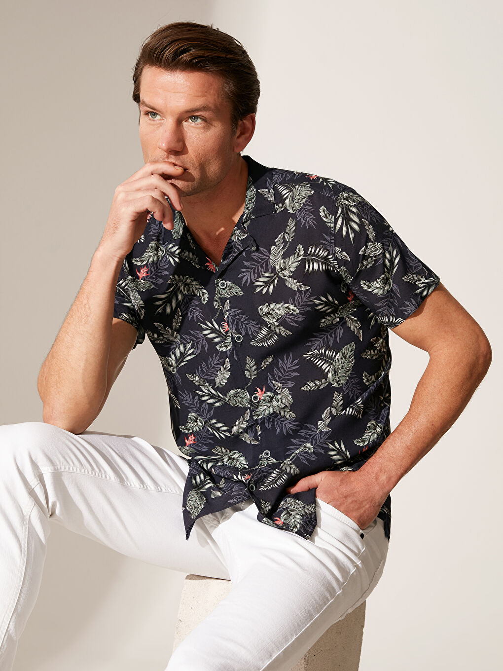 Slim Fit Short Sleeve Patterned Viscose Men's Shirt