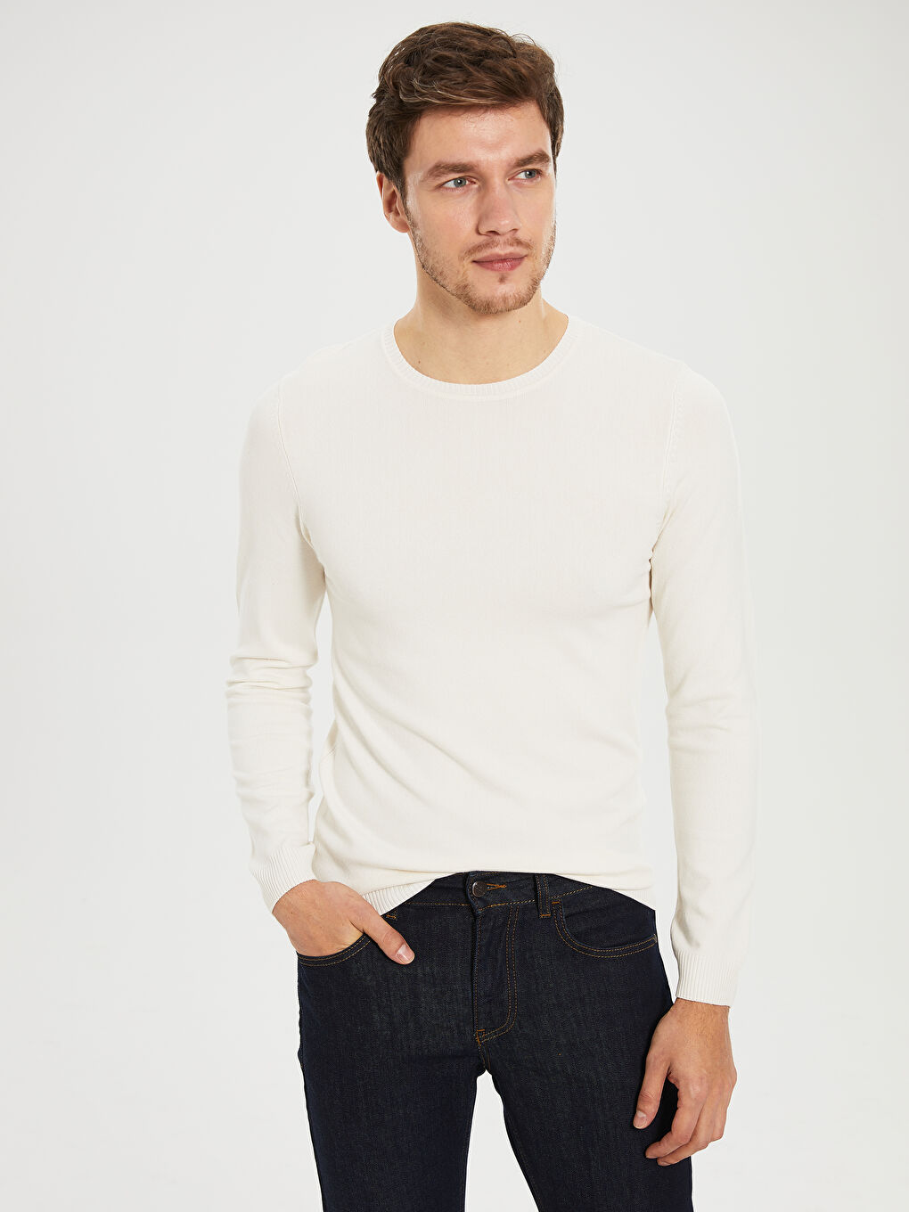 Beyaz Bisiklet Yaka Erkek Triko Kazak