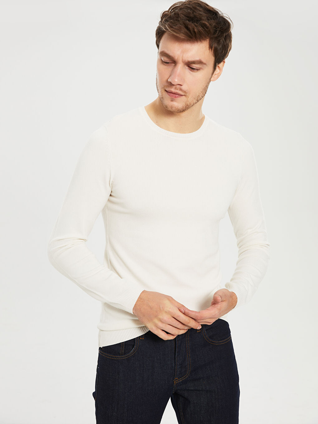 Beyaz Bisiklet Yaka Erkek Triko Kazak-1