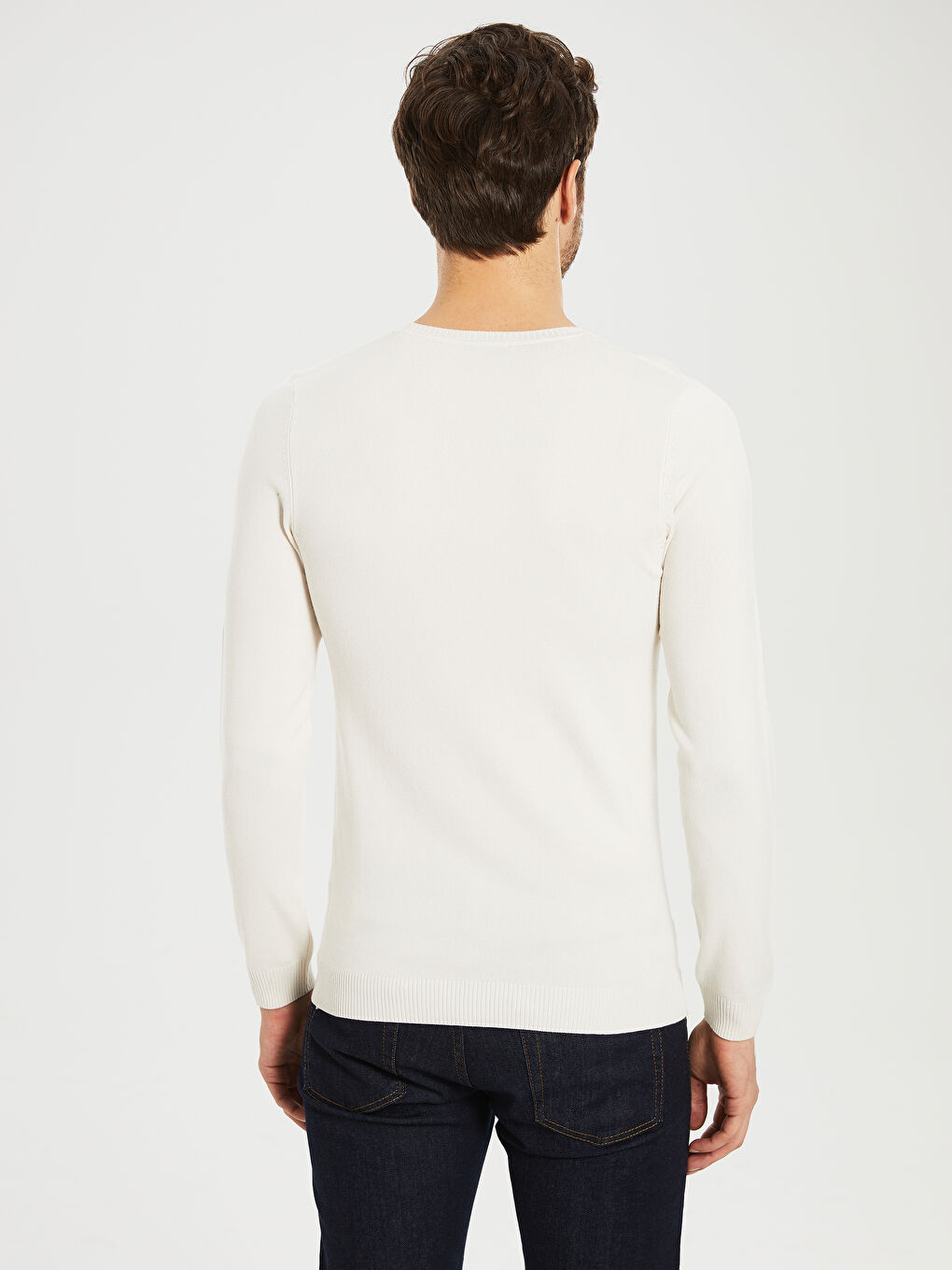 Beyaz Bisiklet Yaka Erkek Triko Kazak-2