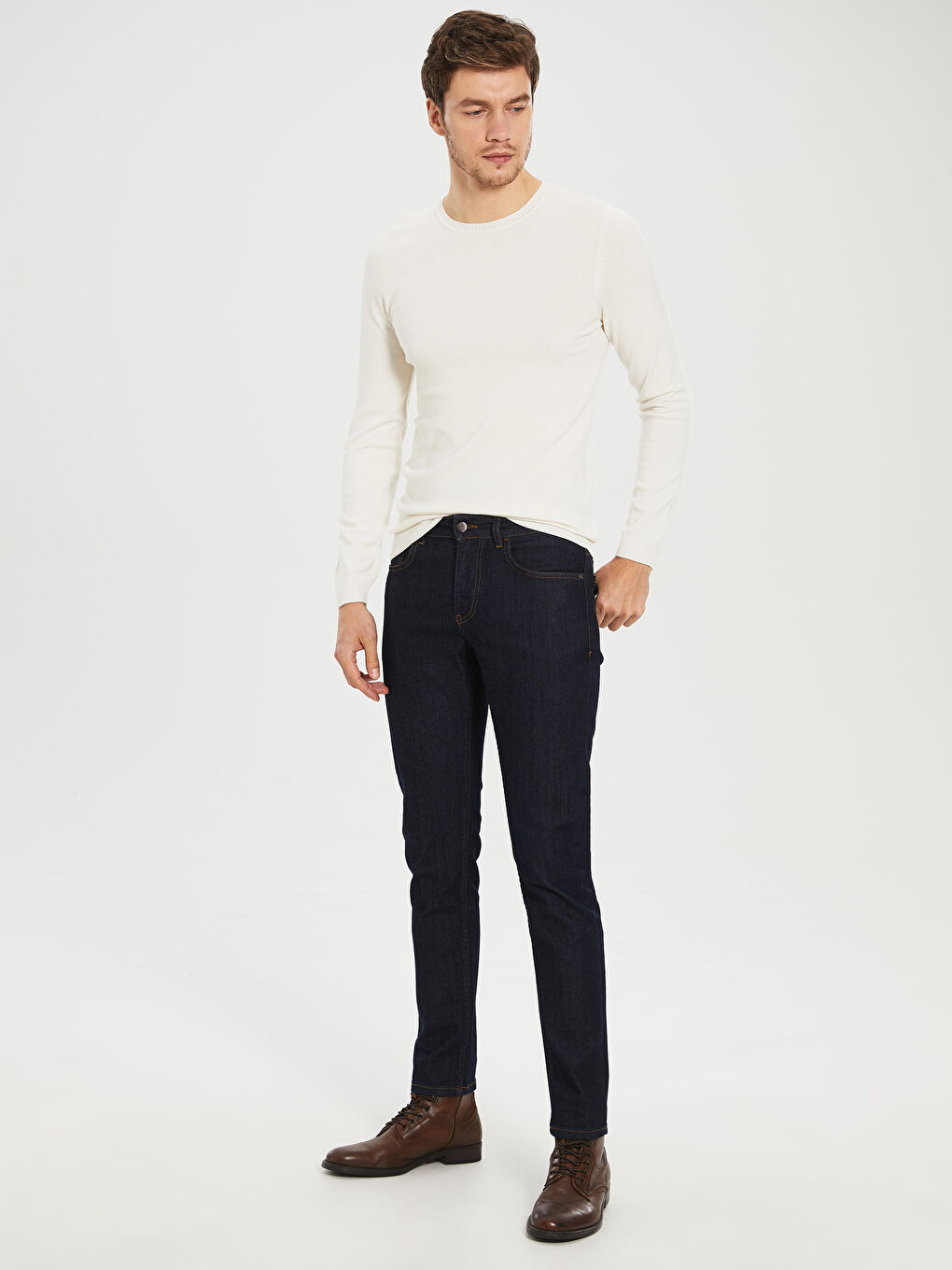 Beyaz Bisiklet Yaka Erkek Triko Kazak-3