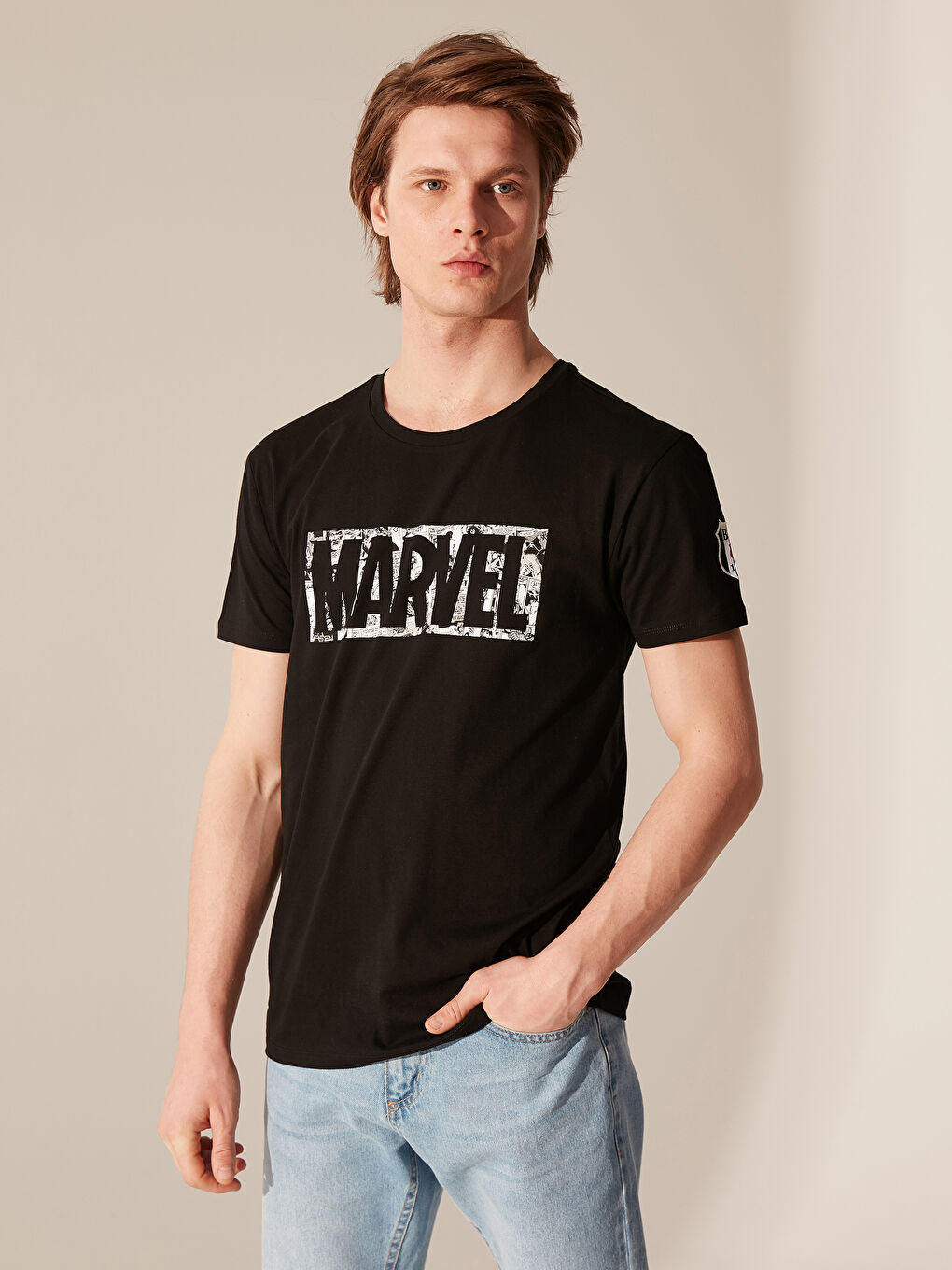 Siyah Bisiklet Yaka Kısa Kollu Beşiktaş Baskılı Penye Erkek Taraftar Tişört