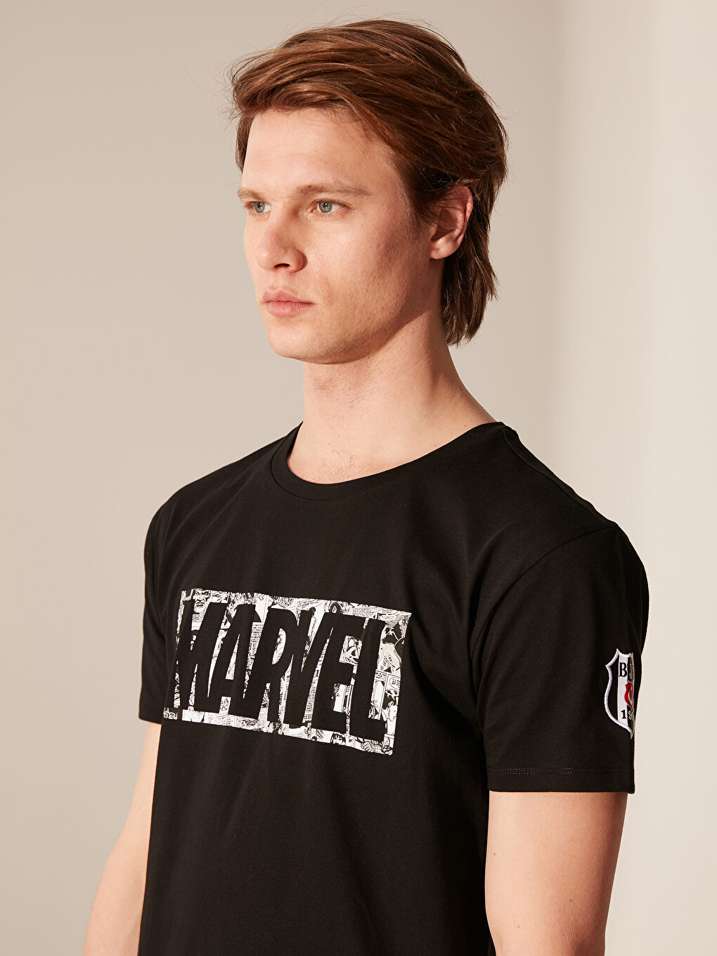 Siyah Bisiklet Yaka Kısa Kollu Beşiktaş Baskılı Penye Erkek Taraftar Tişört-2