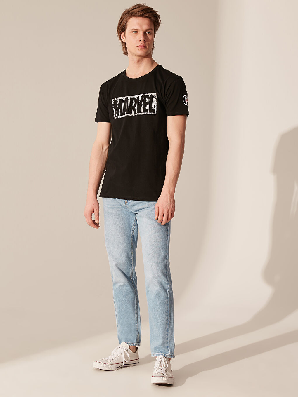 Siyah Bisiklet Yaka Kısa Kollu Beşiktaş Baskılı Penye Erkek Taraftar Tişört-4