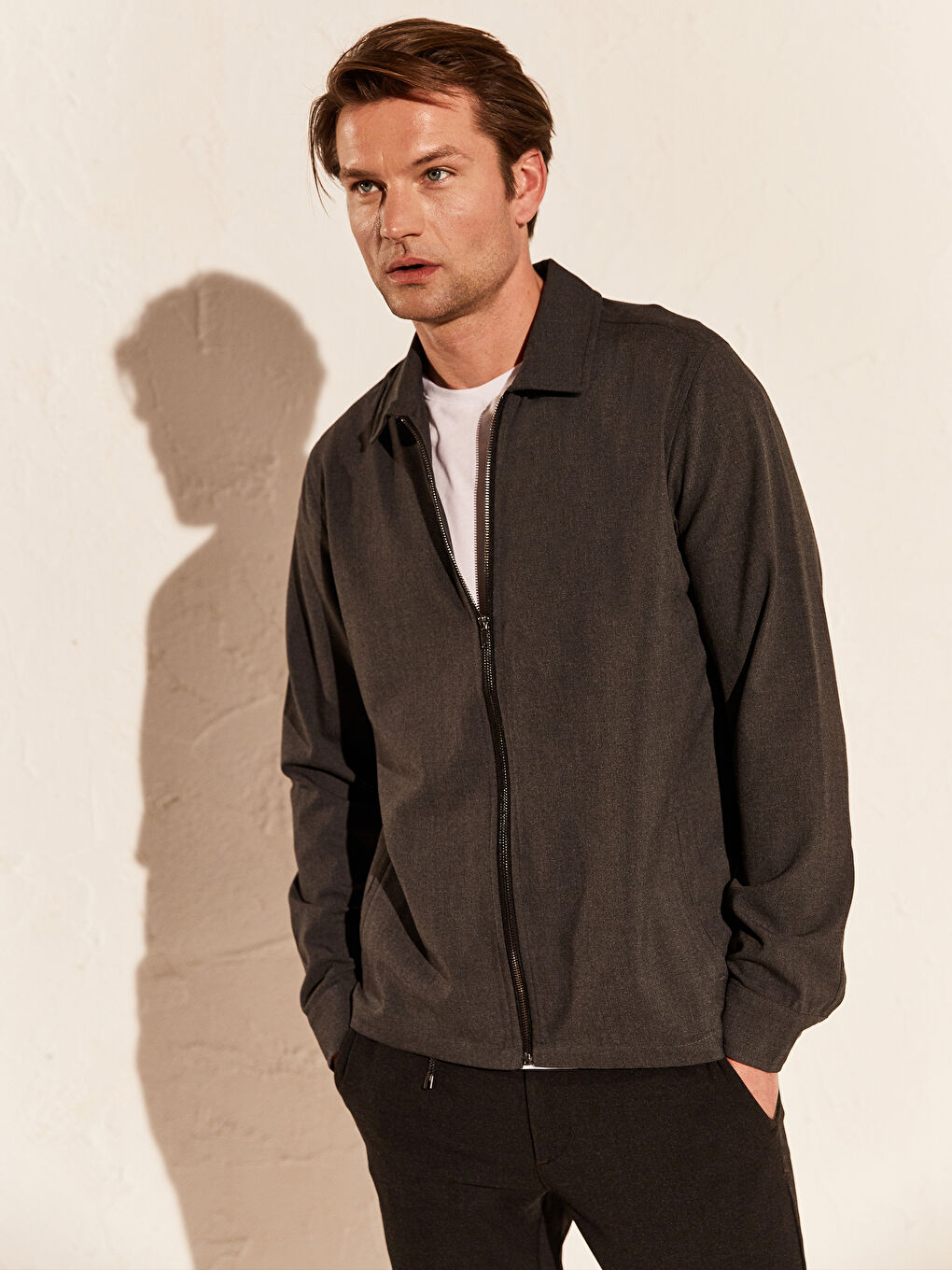 Gri Dar Kalıp Gömlek Yaka Basic Erkek Hırka-1