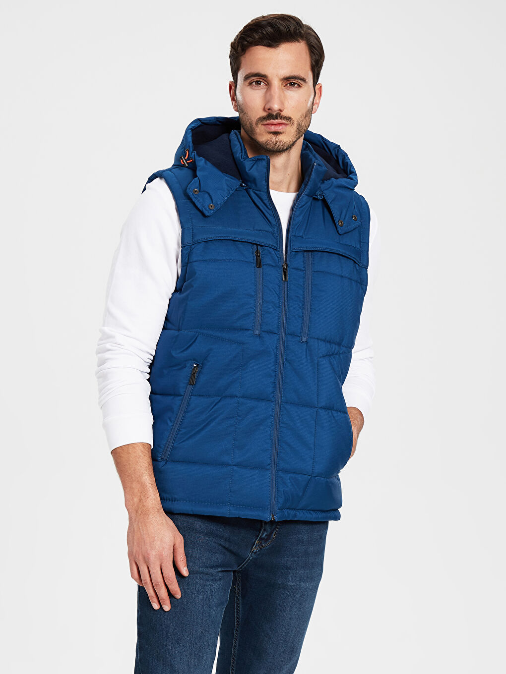 Lacivert Standart Kalıp Kapüşonlu Erkek Şişme Yelek