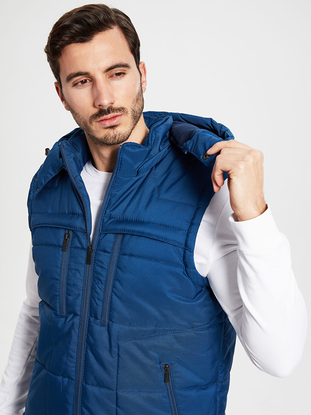 Lacivert Standart Kalıp Kapüşonlu Erkek Şişme Yelek-2