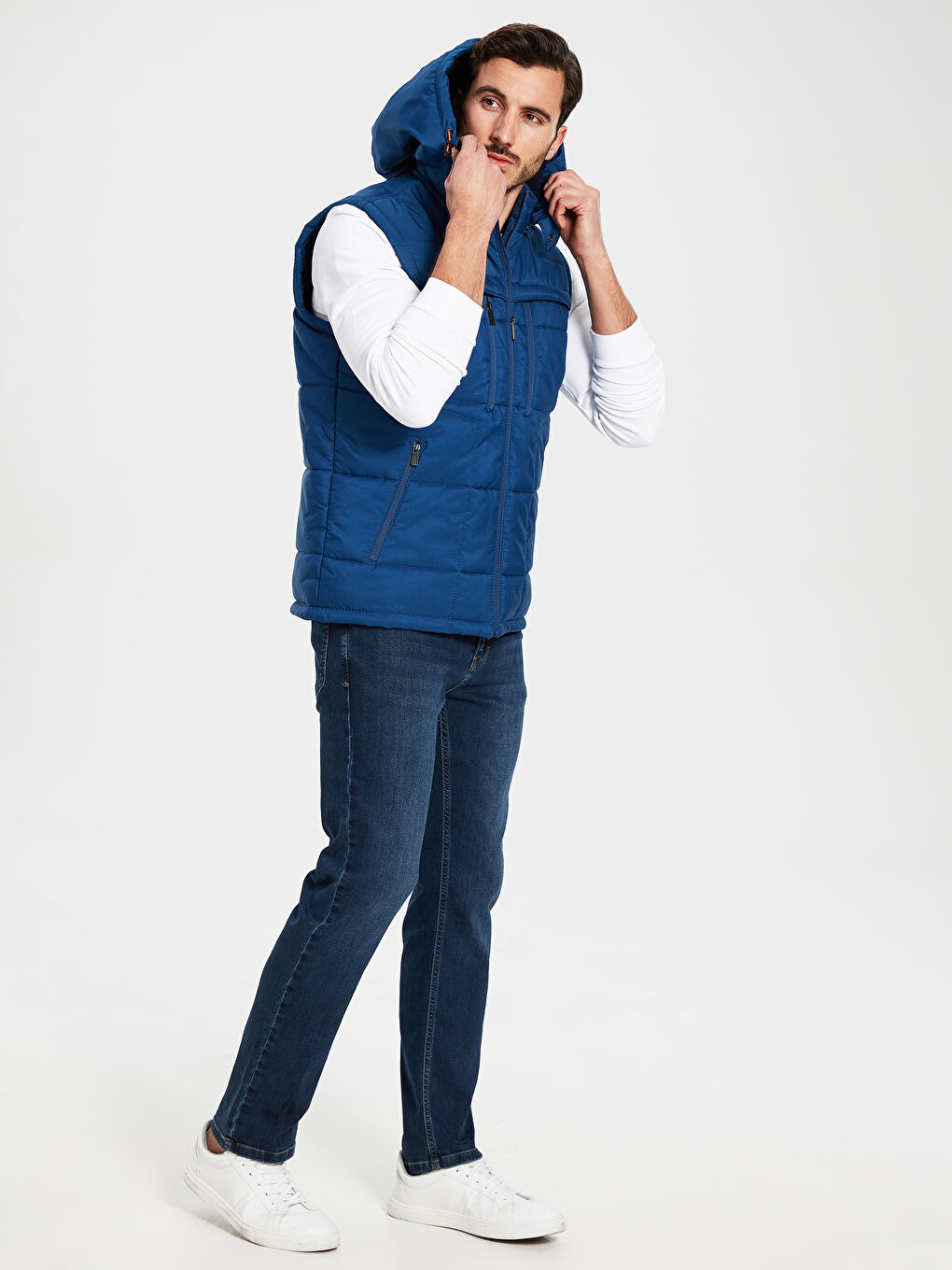 Lacivert Standart Kalıp Kapüşonlu Erkek Şişme Yelek-4