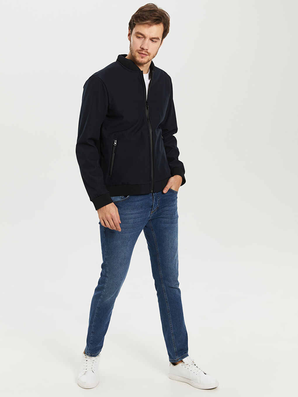 Lacivert Standart Kalıp Kolej Yaka Bomber Mont-5