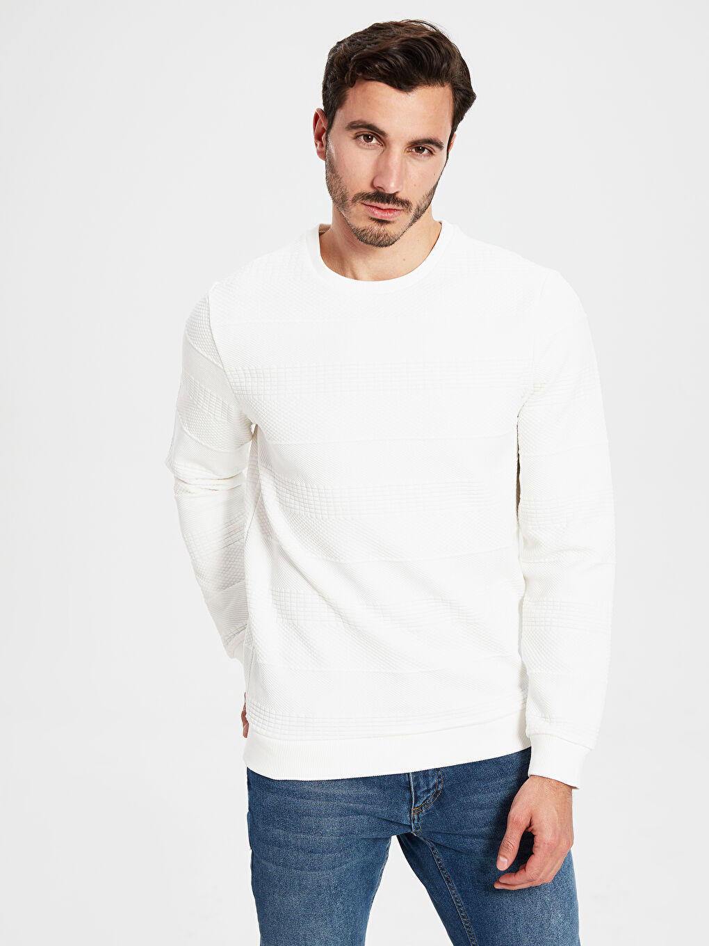 Beyaz Bisiklet Yaka Uzun Kollu Kalın Erkek Sweatshirt