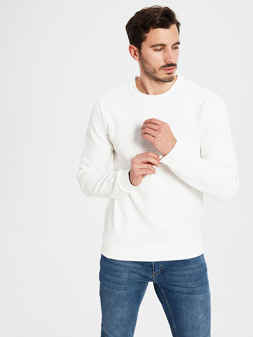 Beyaz Bisiklet Yaka Uzun Kollu Kalın Erkek Sweatshirt-1