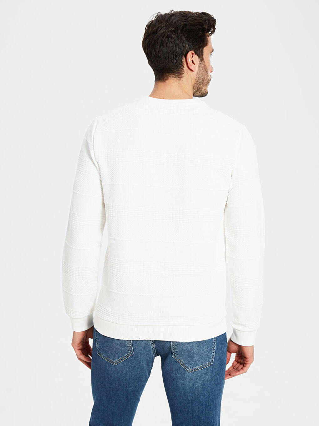 Beyaz Bisiklet Yaka Uzun Kollu Kalın Erkek Sweatshirt-2