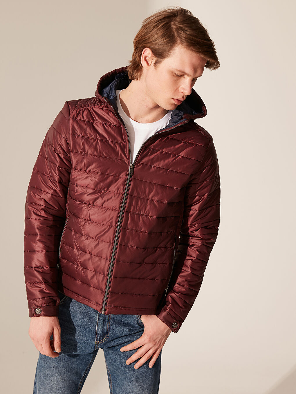 Bordo Bol Kalıp Dik Yaka Erkek Şişme Mont-1