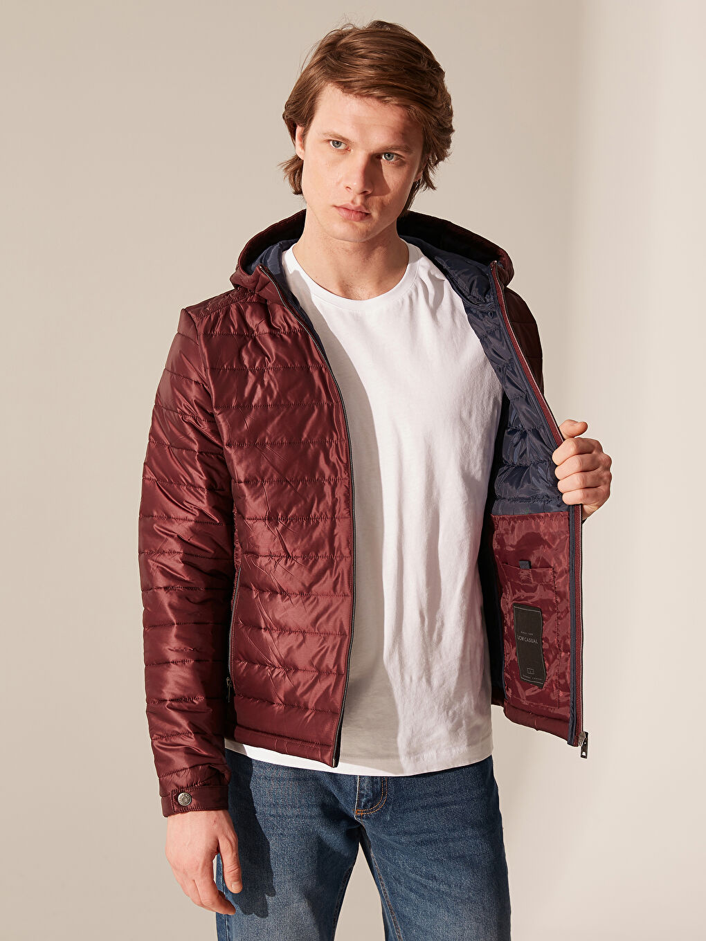 Bordo Bol Kalıp Dik Yaka Erkek Şişme Mont-2